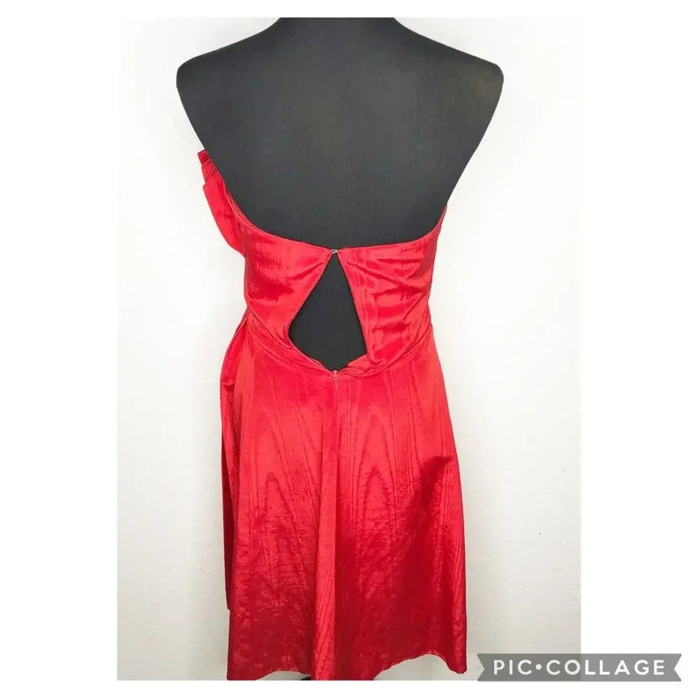 Vintage red silk pleated gathered strapless formal dress size 6